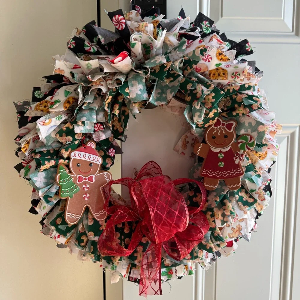 Hand Crafted Festive Gingerbread Holiday Rag Wreath with Red Bow